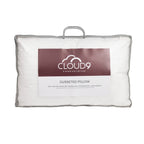 Cloud 9 Gusseted Pillow packaged in a clear carry bag, featuring a quilted cotton cover, generous fill, and 10cm gusseted edge for enhanced loft, comfort, and support.
