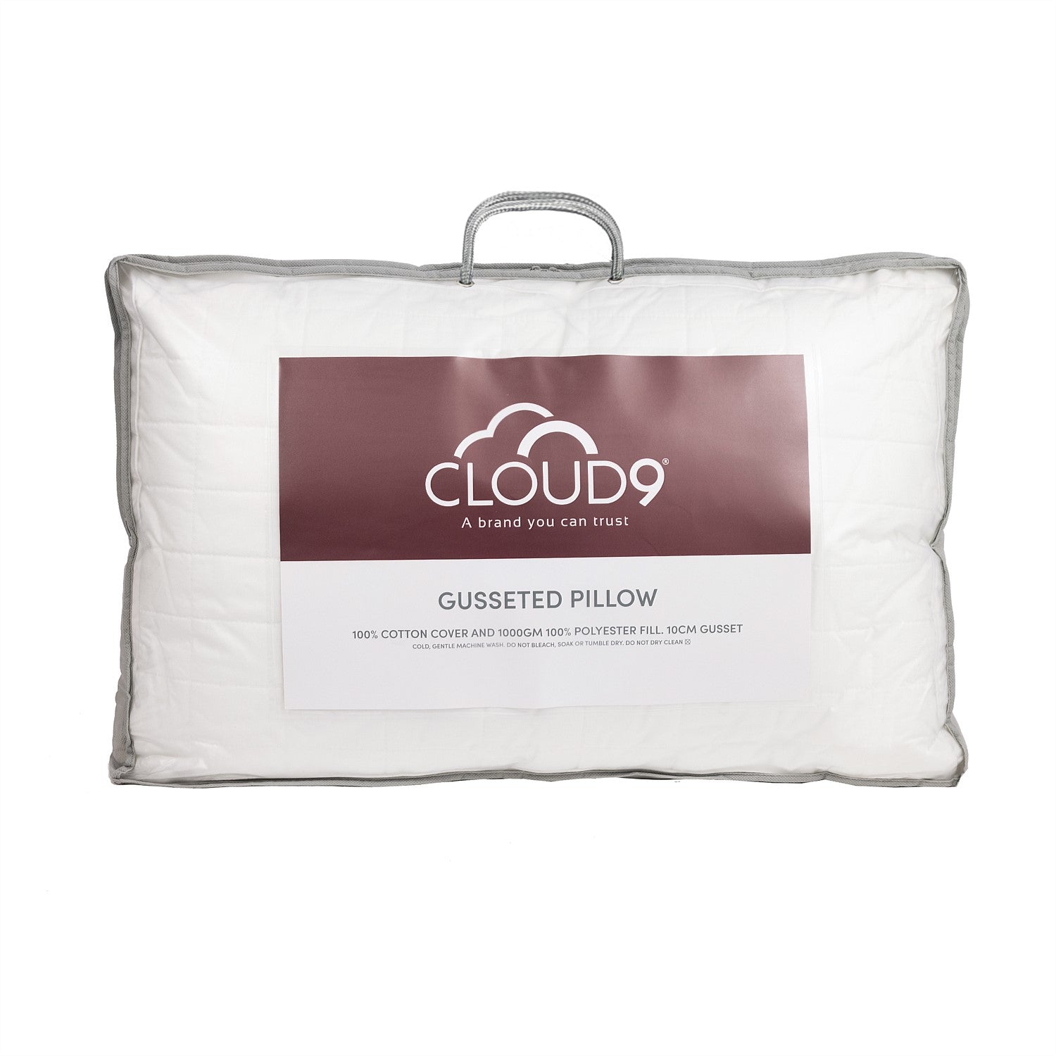 Cloud 9 Gusseted Pillow packaged in a clear carry bag, featuring a quilted cotton cover, generous fill, and 10cm gusseted edge for enhanced loft, comfort, and support.
