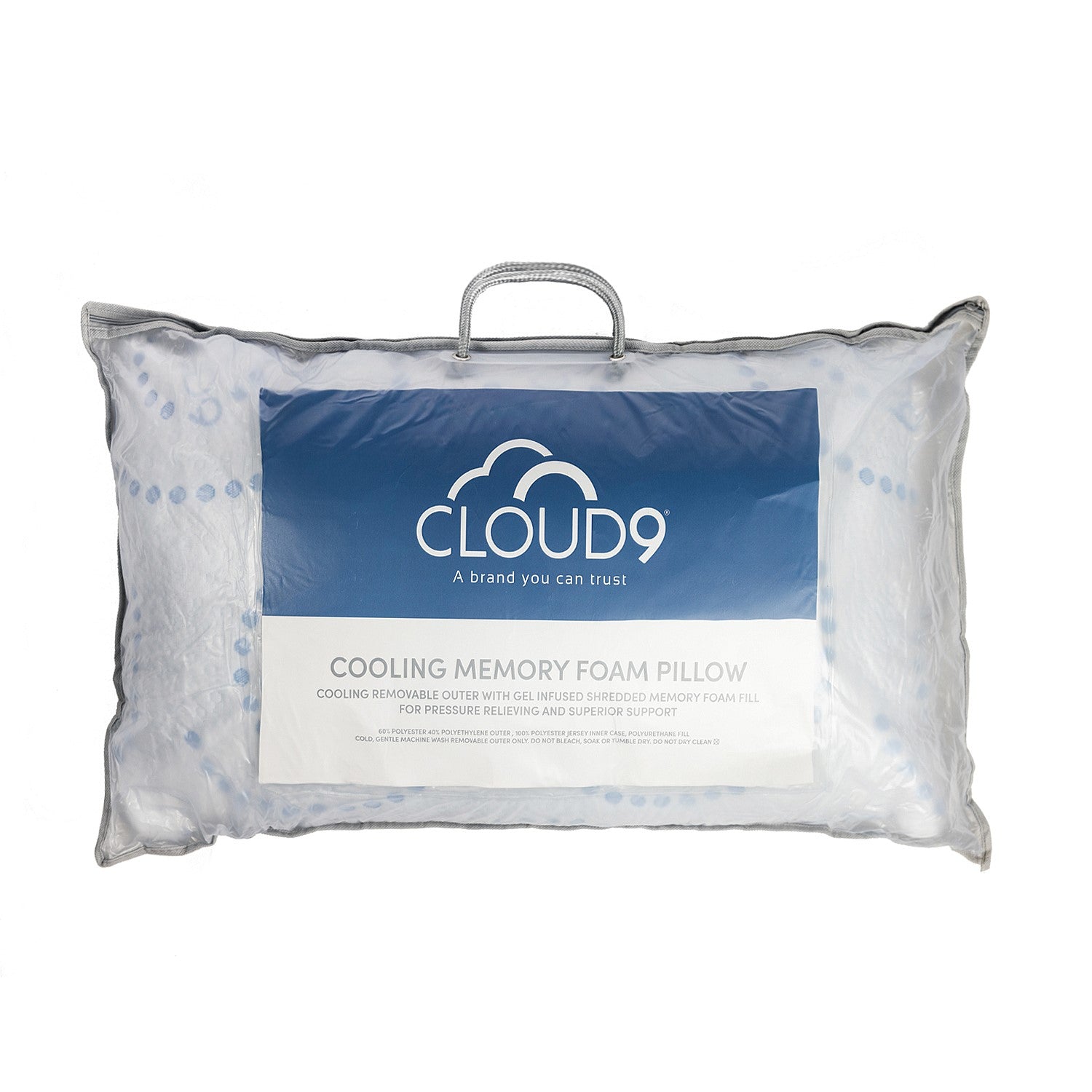 Cloud 9 Cooling Memory Foam Pillow packaged in a clear carry bag, featuring gel-infused shredded memory foam and a cooling cover designed to provide pressure-relieving comfort and supportive sleep.

