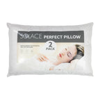 Packaged Solace Perfect Pillow with a woman sleeping on it on a white background