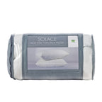 A packaged Solace Aloe Vera Twin Pack Pillow, showing the white fluffy pillow inside a gray fabric sleeve with a clear plastic window displaying the product.