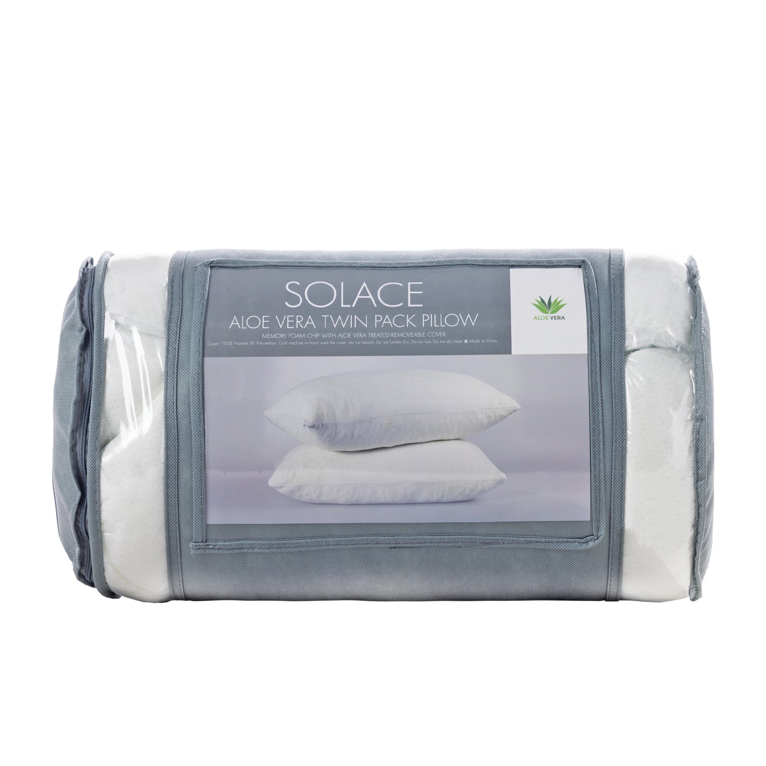 A packaged Solace Aloe Vera Twin Pack Pillow, showing the white fluffy pillow inside a gray fabric sleeve with a clear plastic window displaying the product.