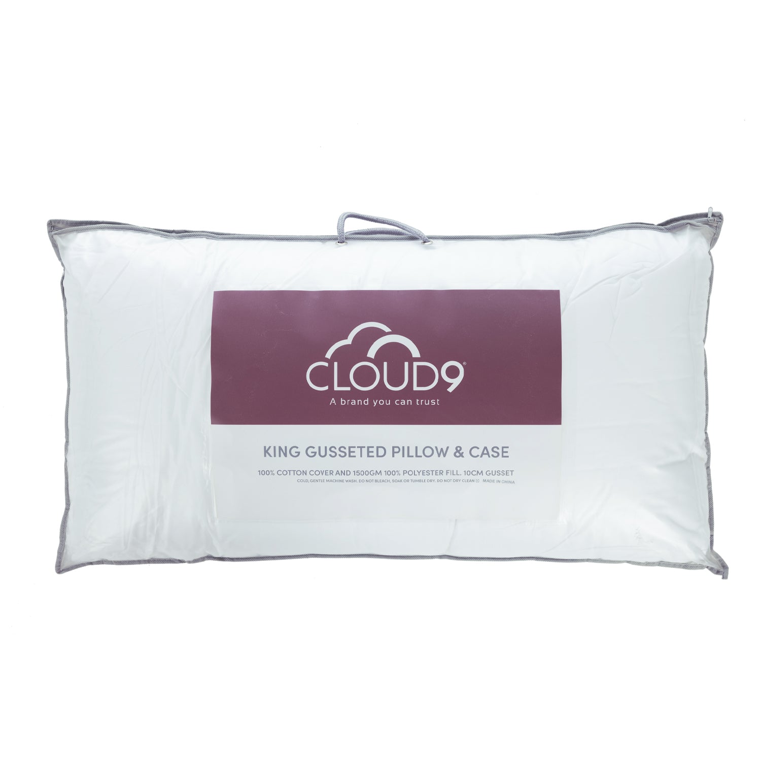 Cloud 9 King Gusseted Pillow & Case packaged in a clear carry bag, featuring a generously filled king-size pillow with a 10cm gusset and coordinating pillowcase for enhanced comfort and support.
