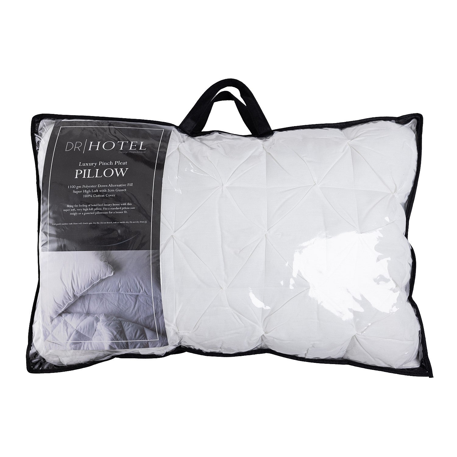 Dr Hotel Luxury Pinch Pleat Pillow packaged in a clear carry bag, featuring a plush high-loft design with elegant pinch-pleat detailing.