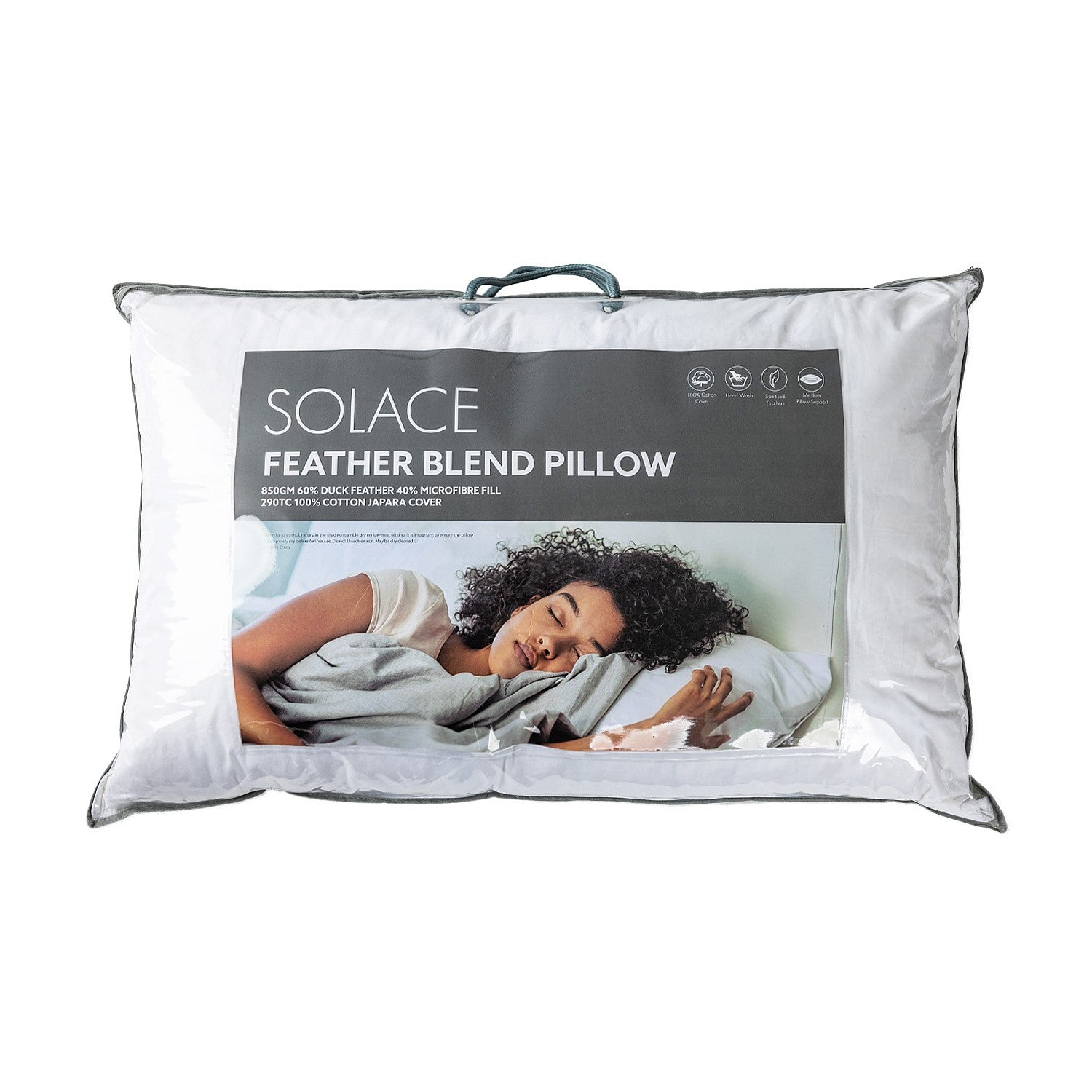 Solace Feather Blend Pillow packaged in a clear carry bag, featuring a duck feather and microfibre blend fill with a cotton cover for supportive comfort and a soft, luxurious feel.
