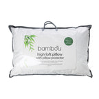 Bambou High Loft Pillow with Pillow Protector in white, shown packaged in a clear carry bag with grey trim and handles. The label highlights an 800g high-loft fill and notes that it is ideal for side sleepers.