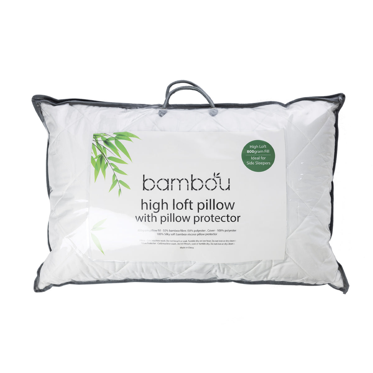 Bambou High Loft Pillow with Pillow Protector in white, shown packaged in a clear carry bag with grey trim and handles. The label highlights an 800g high-loft fill and notes that it is ideal for side sleepers.