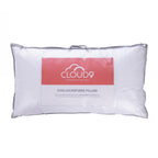 Cloud 9 King Microfibre Pillow packaged in a clear carry bag with handle and branded label, featuring an Online Only banner, displayed against a light grey background