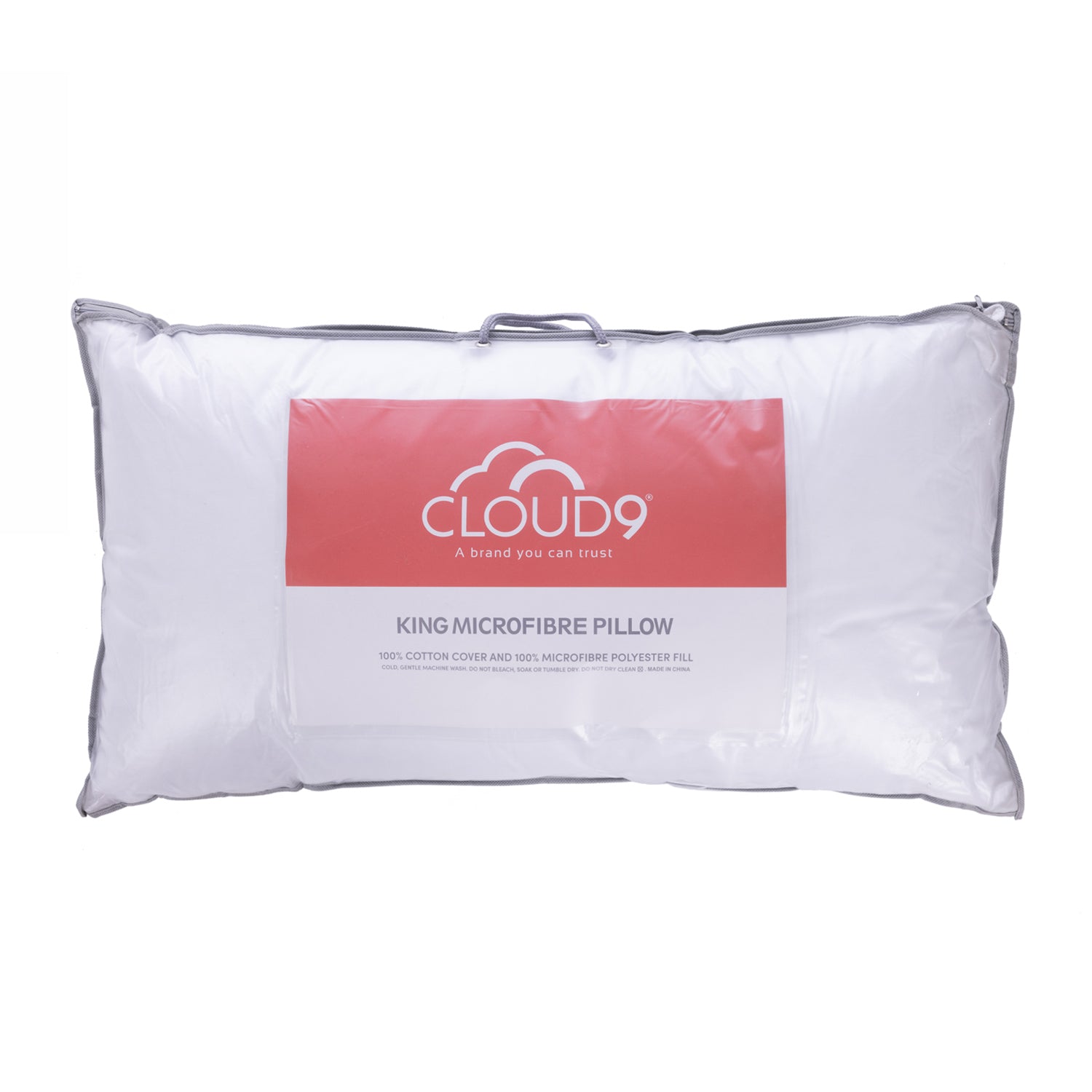 Cloud 9 King Microfibre Pillow packaged in a clear carry bag with handle and branded label, featuring an Online Only banner, displayed against a light grey background