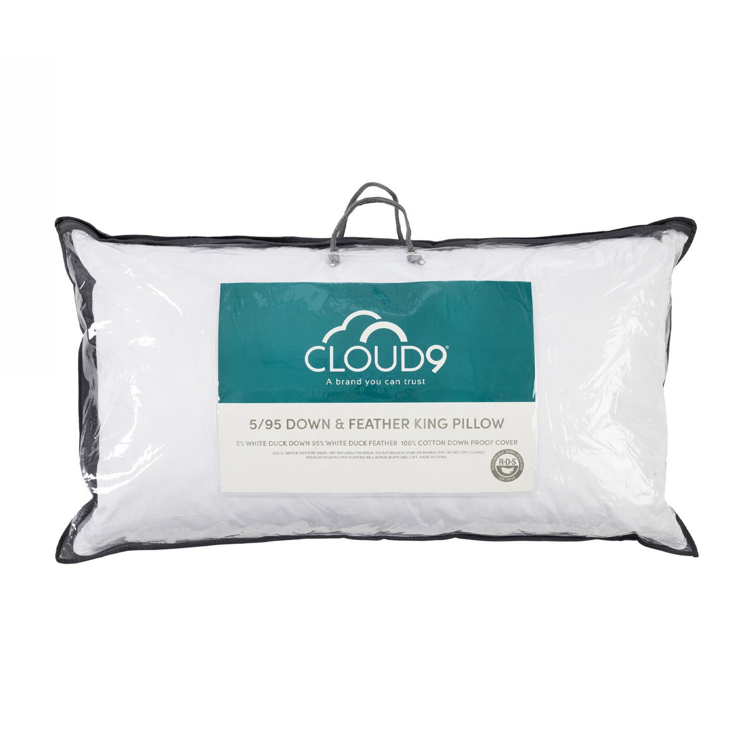 Cloud 9 5/95 Down & Feather King Pillow packaged in a clear carry bag with handle, featuring a white king-size pillow and branded product label, displayed against a light grey background.