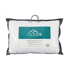 Cloud 9 5/95 Down & Feather Gusseted Pillow packaged in a clear carry bag with handle, featuring a white pillow and branded product label, displayed against a light grey background.
