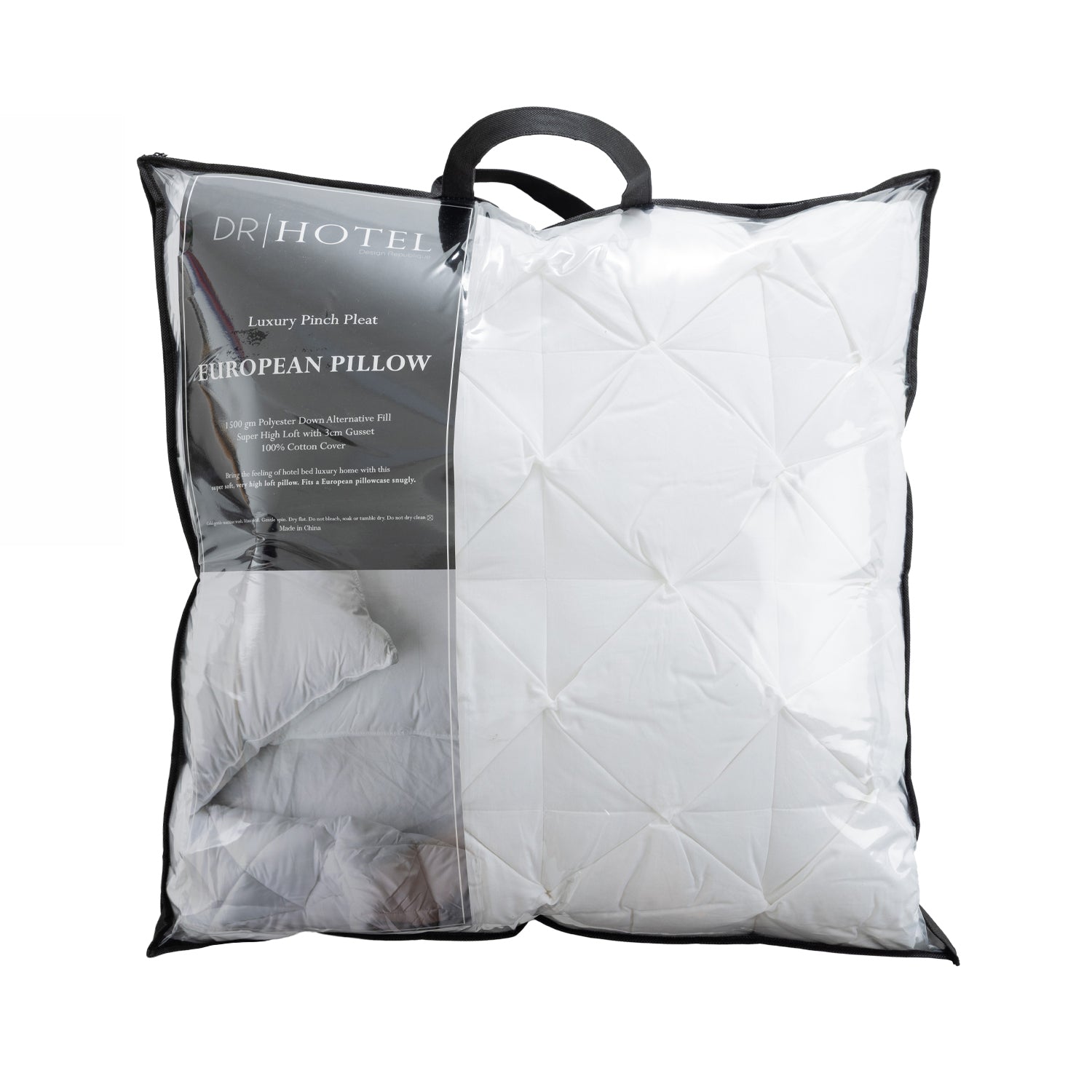 Dr Hotel European Pillow packaged in a clear carry bag, featuring a white pinch-pleat design and luxurious hotel-inspired styling.