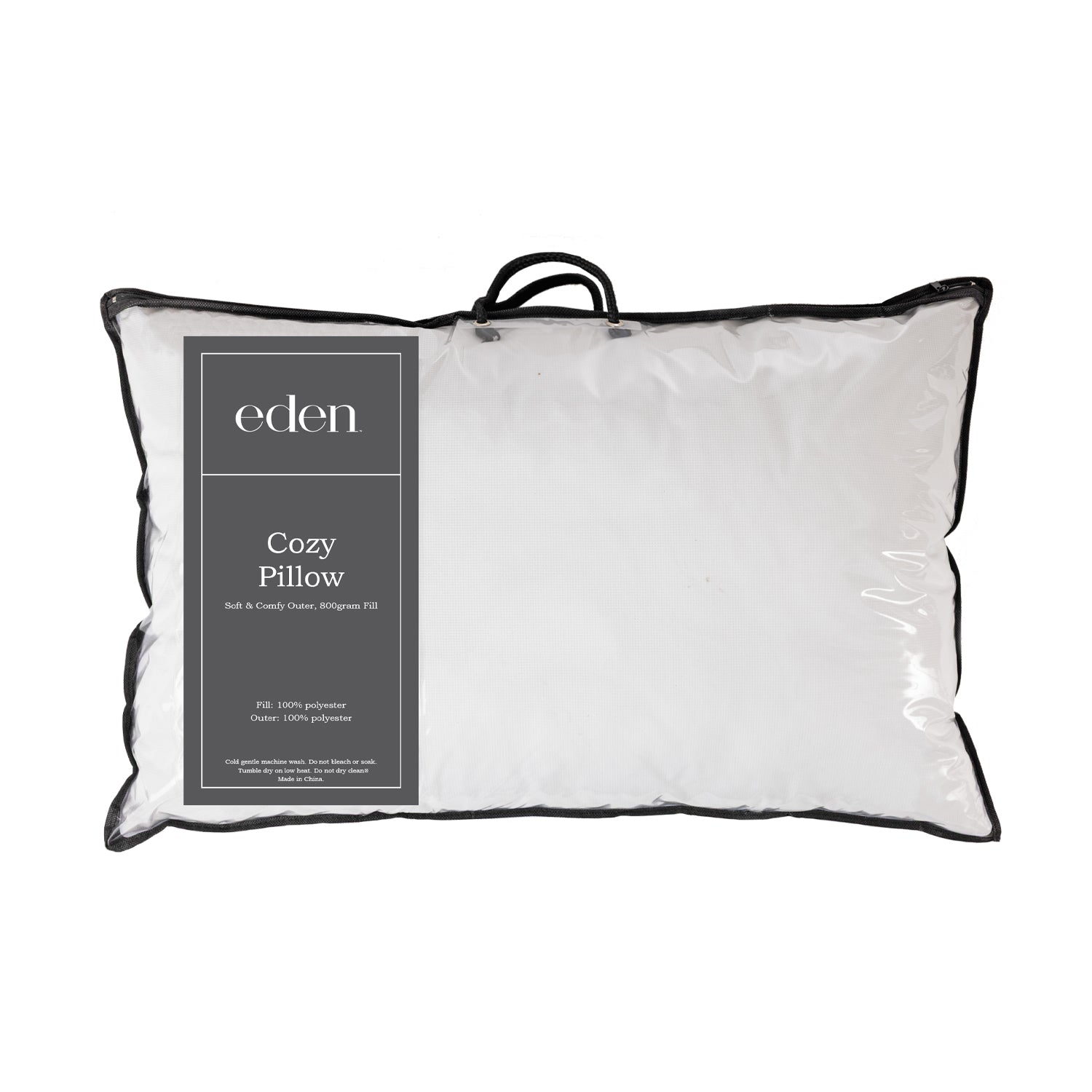 Eden Cozy Pillow packaged in a clear carry bag, featuring a soft-touch cover and plush fill designed for everyday comfort and support.