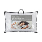 Solace Mellow Soft Pillow packaging showing a soft-support pillow in a reusable zippered carry bag with product details and lifestyle imagery displayed on the front.
