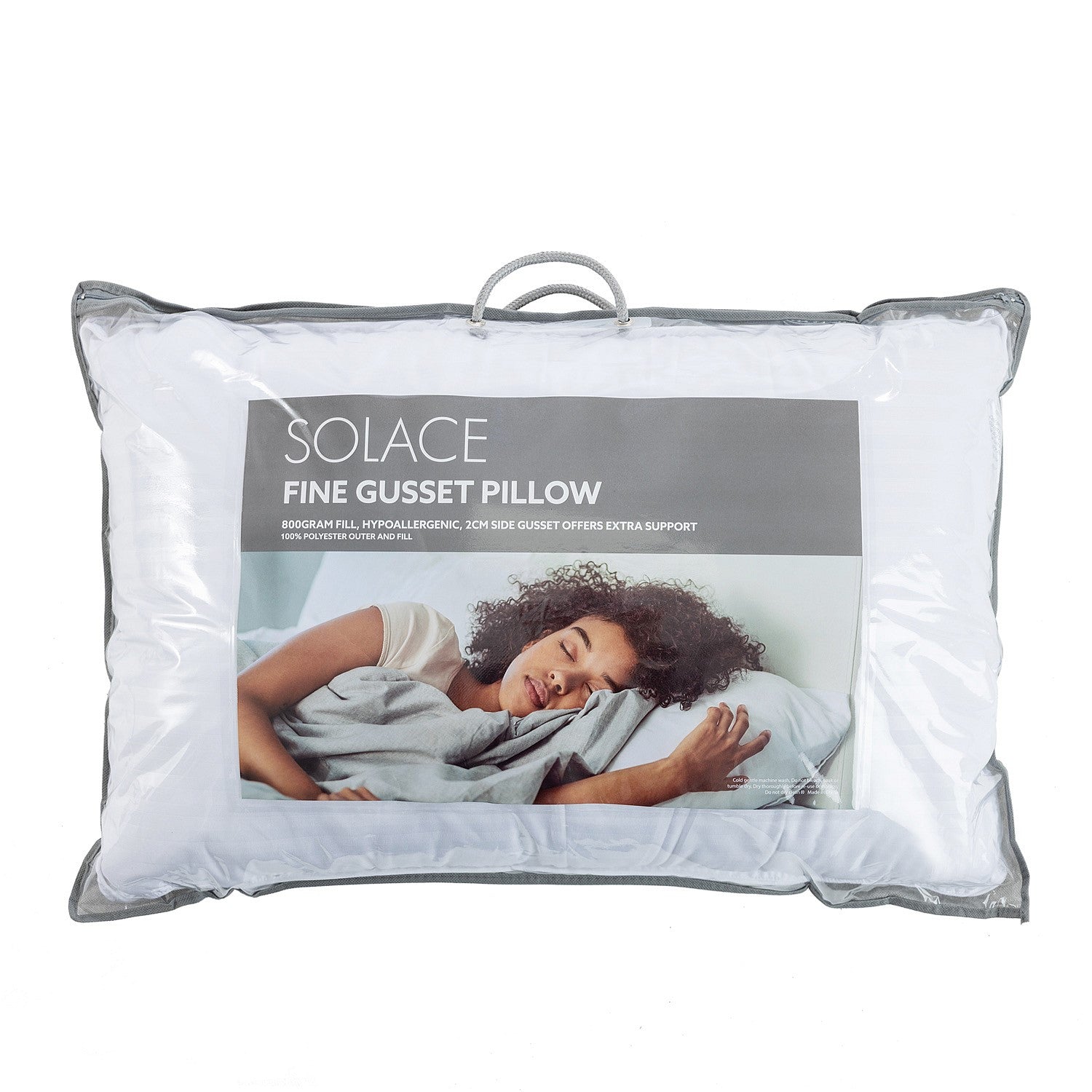Solace Fine Gusset Pillow packaged in a clear carry bag, featuring an 800gsm hypoallergenic fill and 2cm gusseted edge for enhanced loft, comfort, and support.
