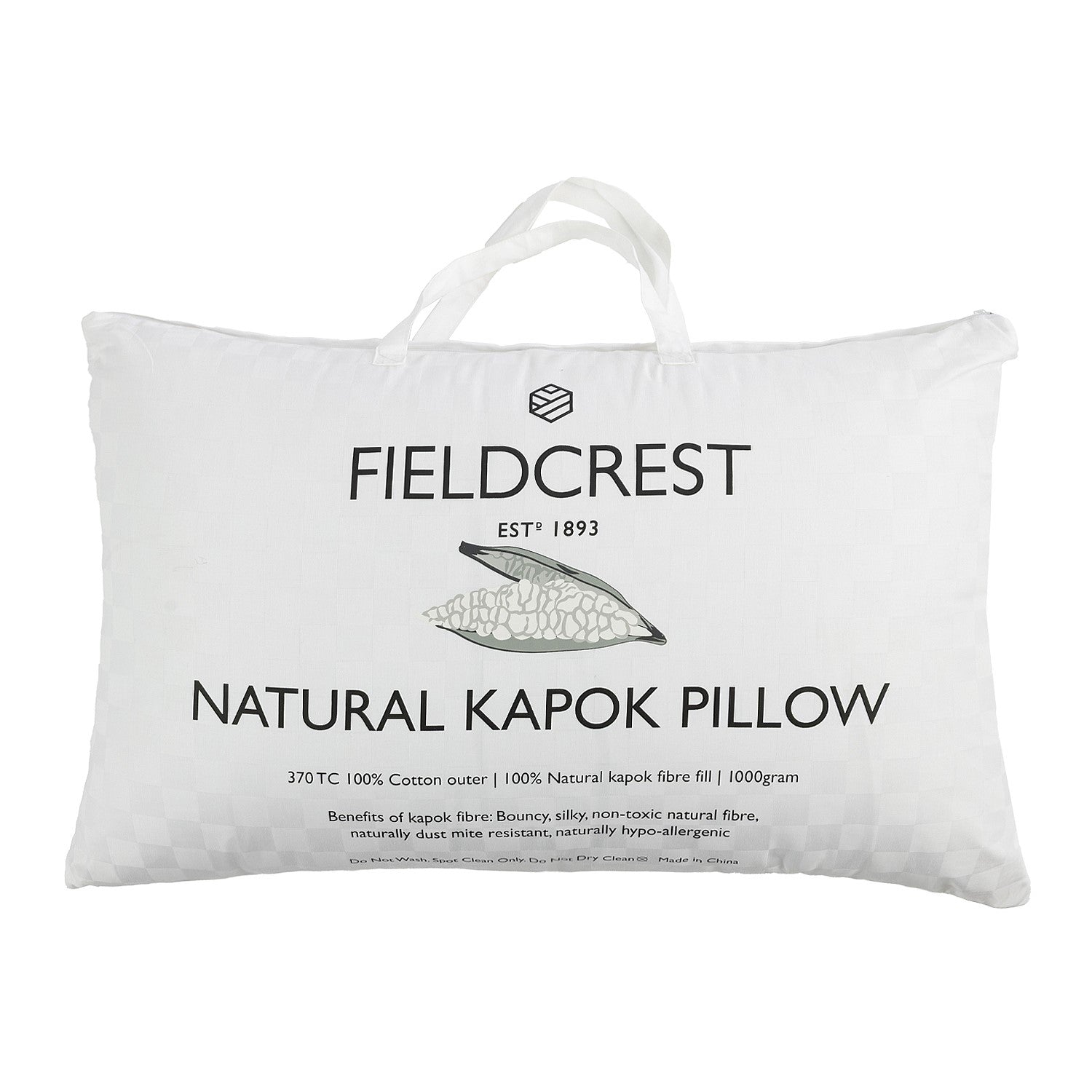 Fieldcrest Natural Kapok Pillow in branded carry bag packaging.
