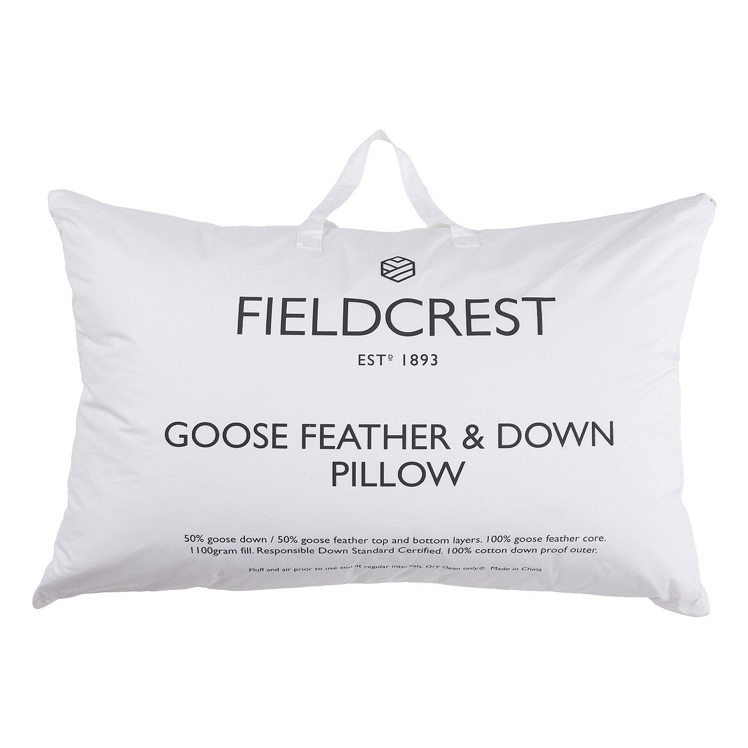 Fieldcrest Goose Feather & Down Pillow packaged in a reusable carry bag, featuring a premium goose feather and down fill with a cotton down-proof outer for luxurious comfort and support.
