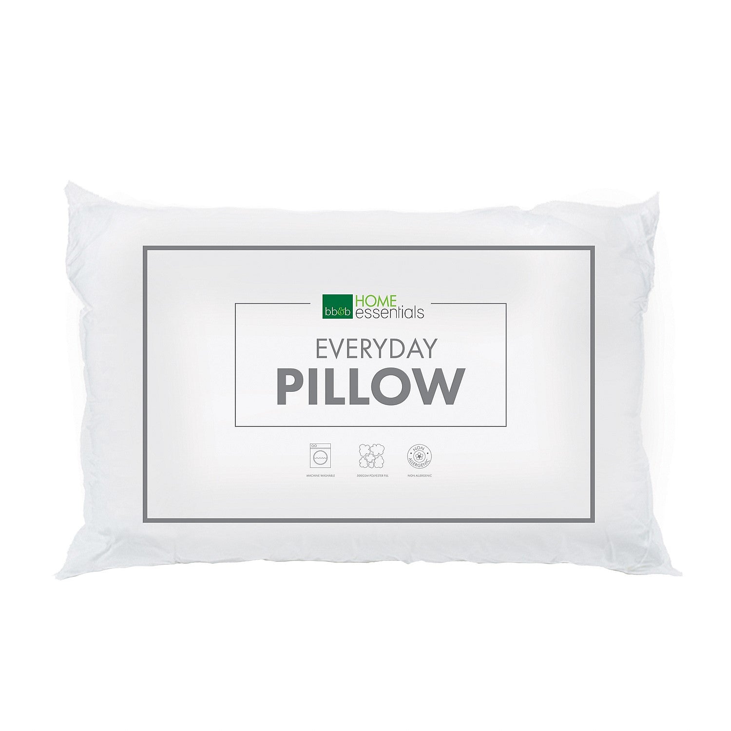 Home Essentials Everyday Pillow packaging showing a white pillow with printed product branding and key feature icons on the front label.
