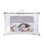 Solace High Loft Pillow packaging showing a high loft pillow in a reusable zippered carry bag with product details and lifestyle imagery displayed on the front.
