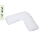 V-shaped body support pillow in a plain white cover, designed to provide extra comfort and support while sleeping or relaxing.

