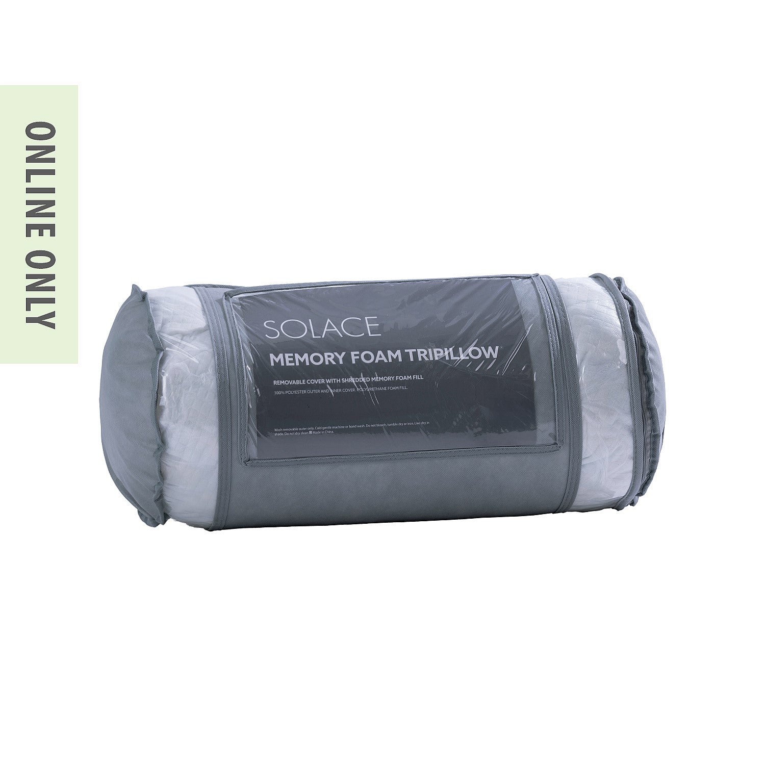 Solace Memory Foam Tripillow packaging showing a shredded memory foam tri-pillow in a reusable carry bag with product details displayed on the front.
