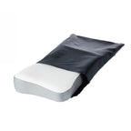 Memory foam contour pillow partially enclosed in a dark pillowcase, showcasing the ergonomic shape and breathable textured cover designed for supportive and comfortable sleep.