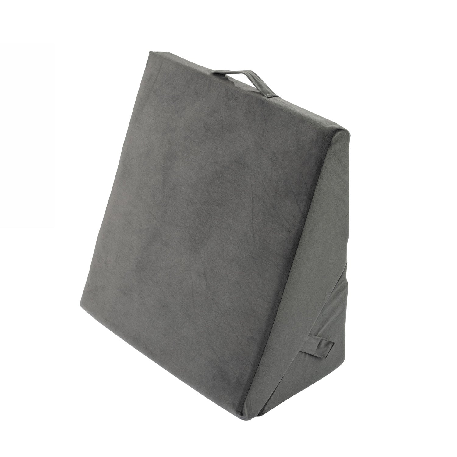 Grey Solace Multi-Purpose Wedge Support Pillow shown upright in a triangular configuration with carry handle.