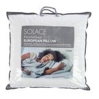 Solace FreshSleep European Pillow in white packaging with grey trim, carry handle, and front product label.