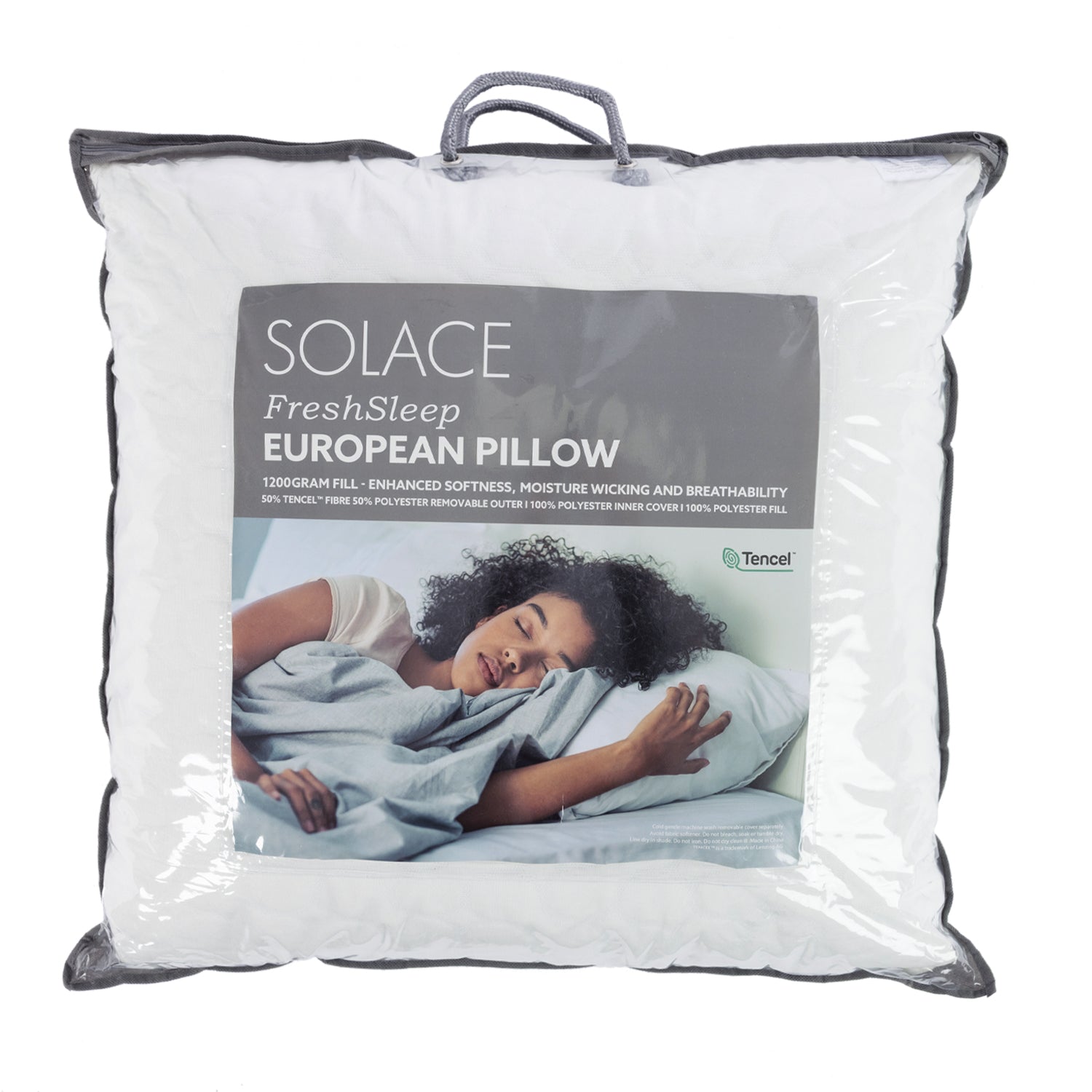 Solace FreshSleep European Pillow in white packaging with grey trim, carry handle, and front product label.