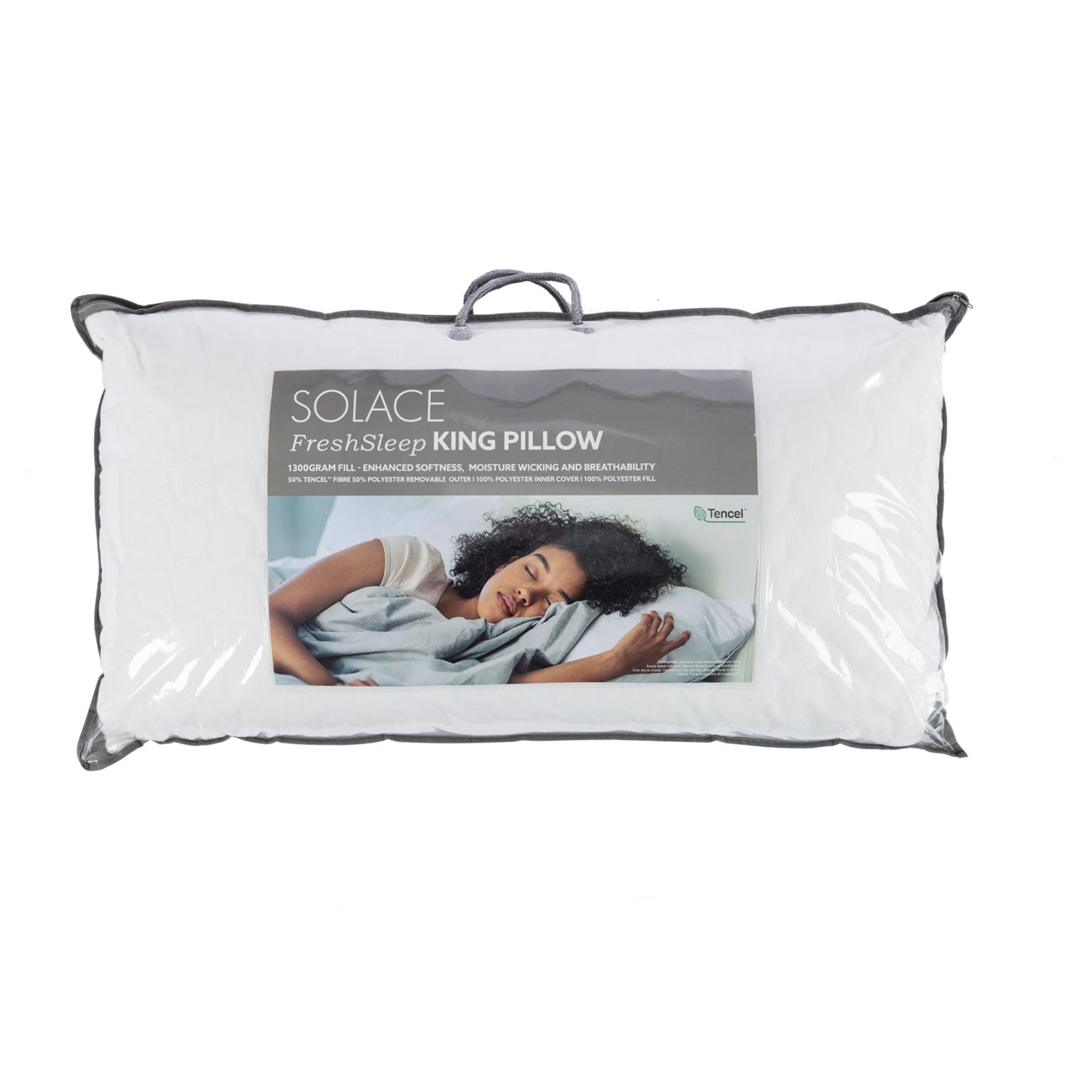 Solace FreshSleep King Pillow in white packaging with grey trim, carry handle, and front product label.