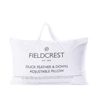 Fieldcrest Duck Feather & Down Adjustable Pillow packaging showing an adjustable duck feather and down pillow with carry handles and printed product details on the front.
