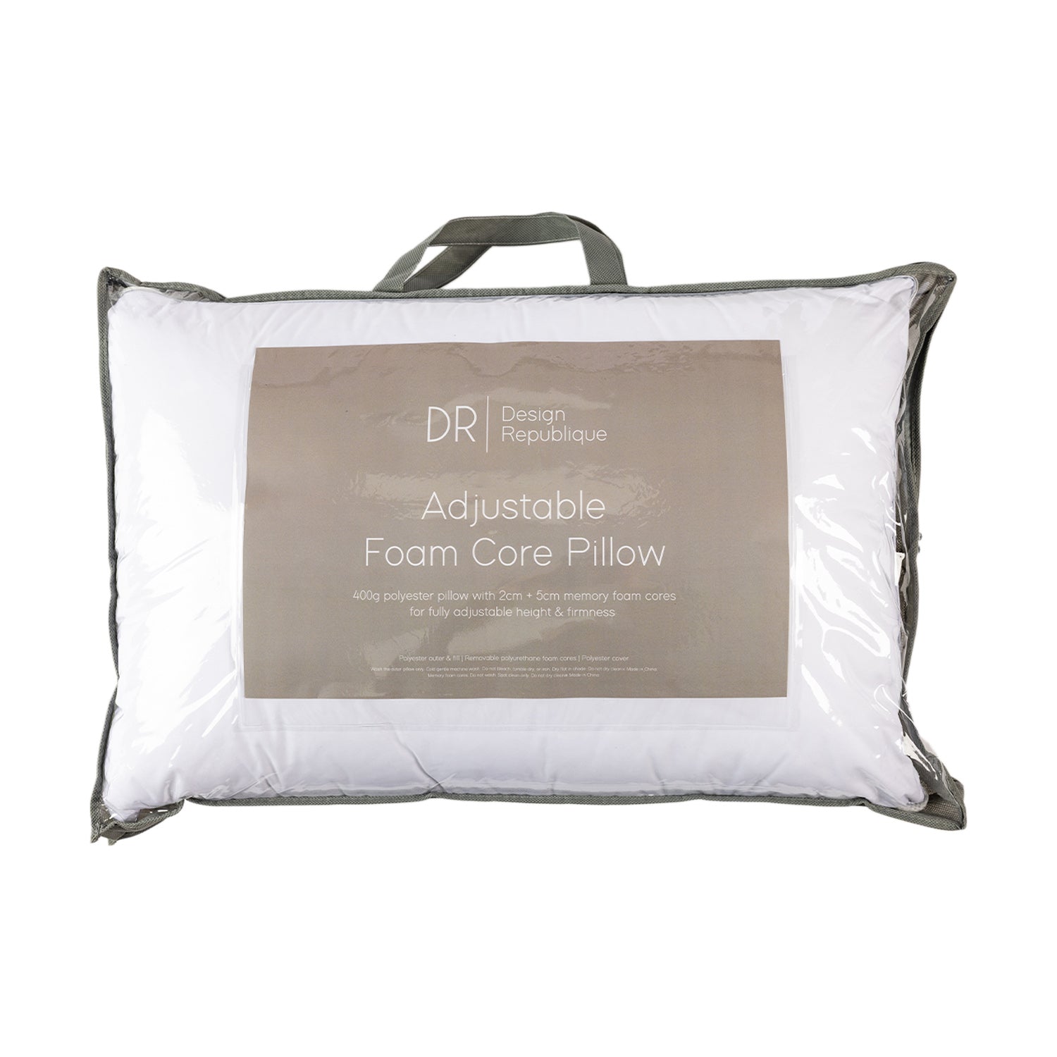 Design Republique Adjustable Foam Core Pillow packaged in a reusable carry bag with adjustable memory foam core technology for personalised comfort.
