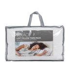 Solace Loft Pillow Twin Pack in a clear plastic storage bag with gray handles and a gray label showing a woman sleeping comfortably.