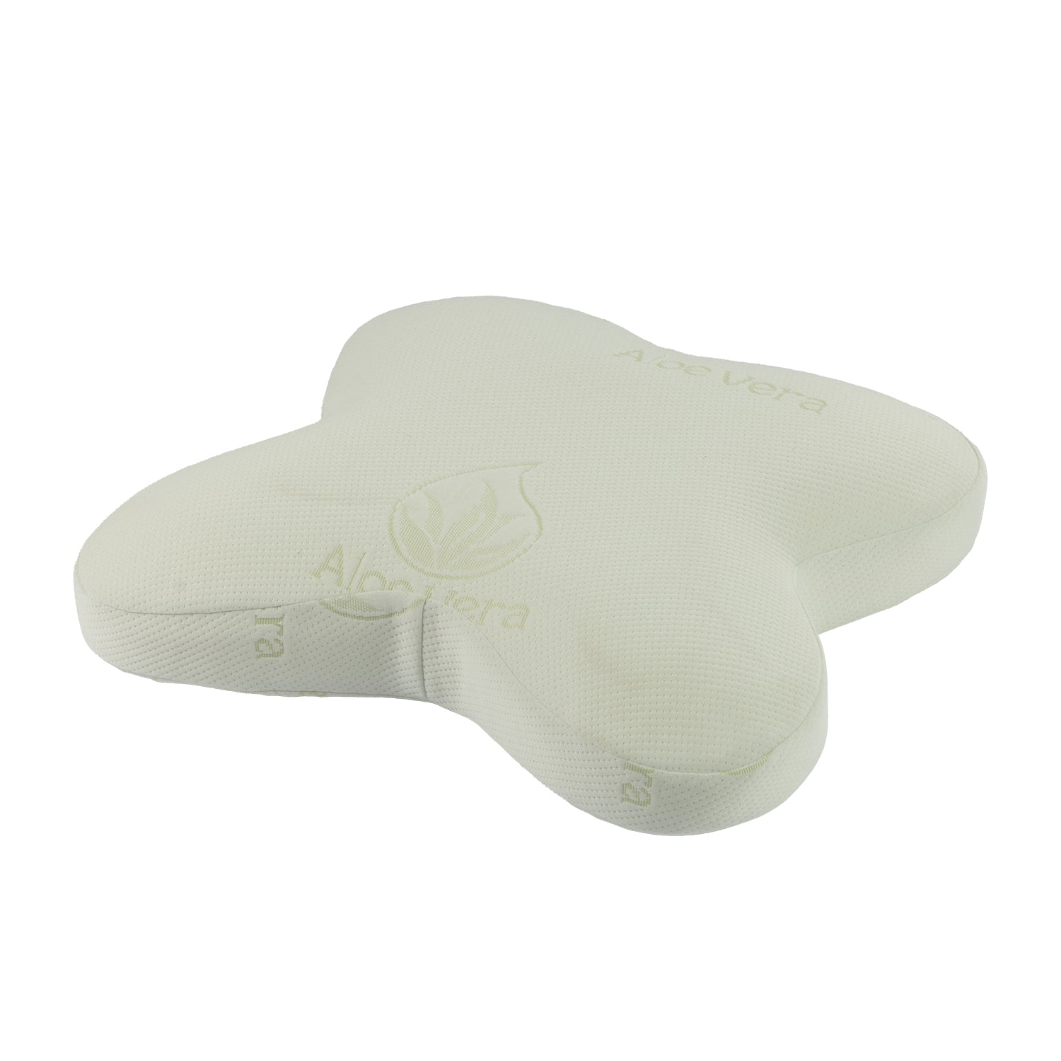 White butterfly-shaped neck support pillow with an aloe vera treated cover, designed to provide ergonomic support for the neck and shoulders.