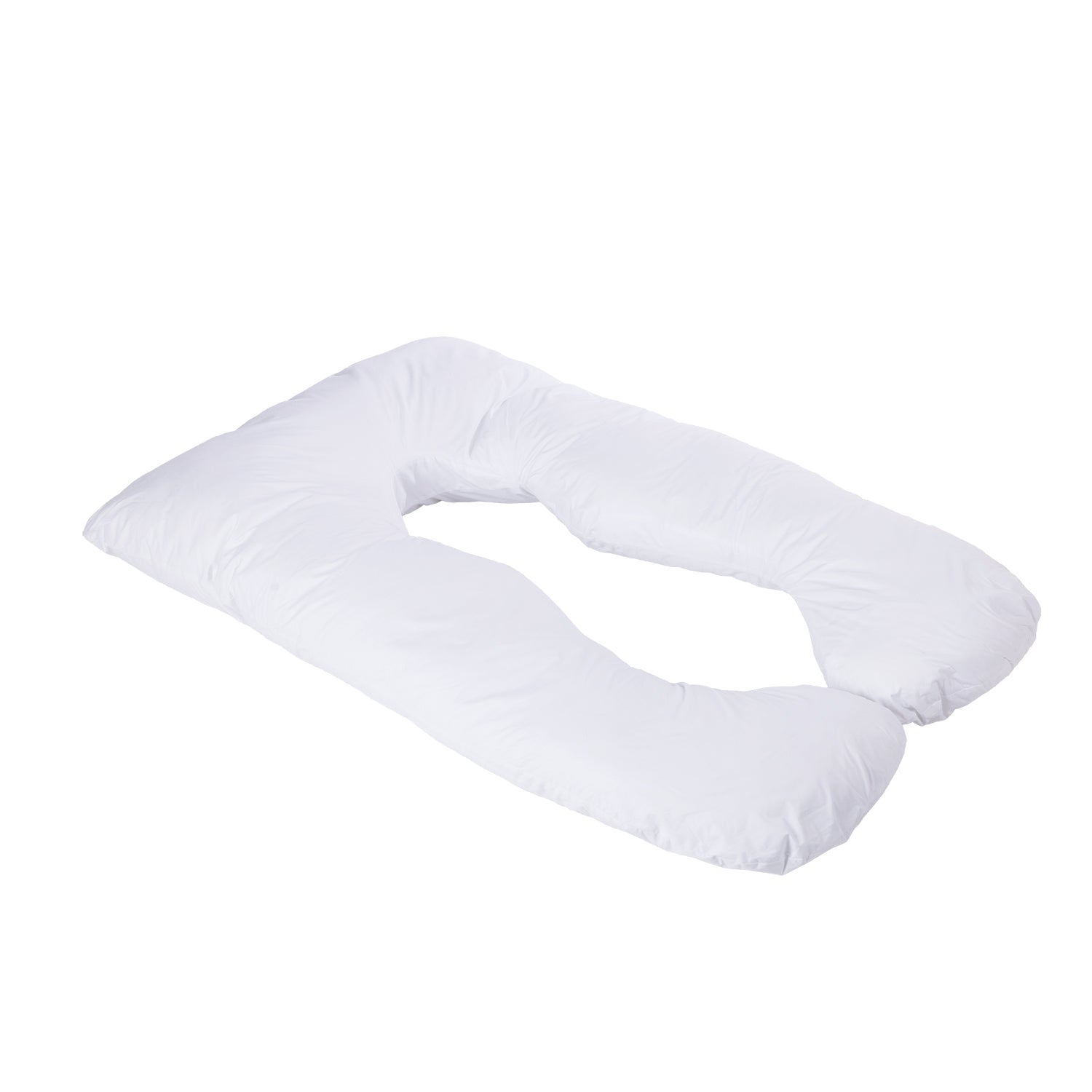 White U-shaped pregnancy pillow designed to provide support for the neck, back, tummy and legs during pregnancy and rest.