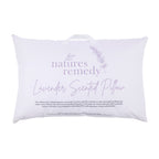 White Nature's Remedy Lavender Scented Pillow in a carry bag featuring lavender purple lettering, delicate lavender illustrations and a convenient carry handle.