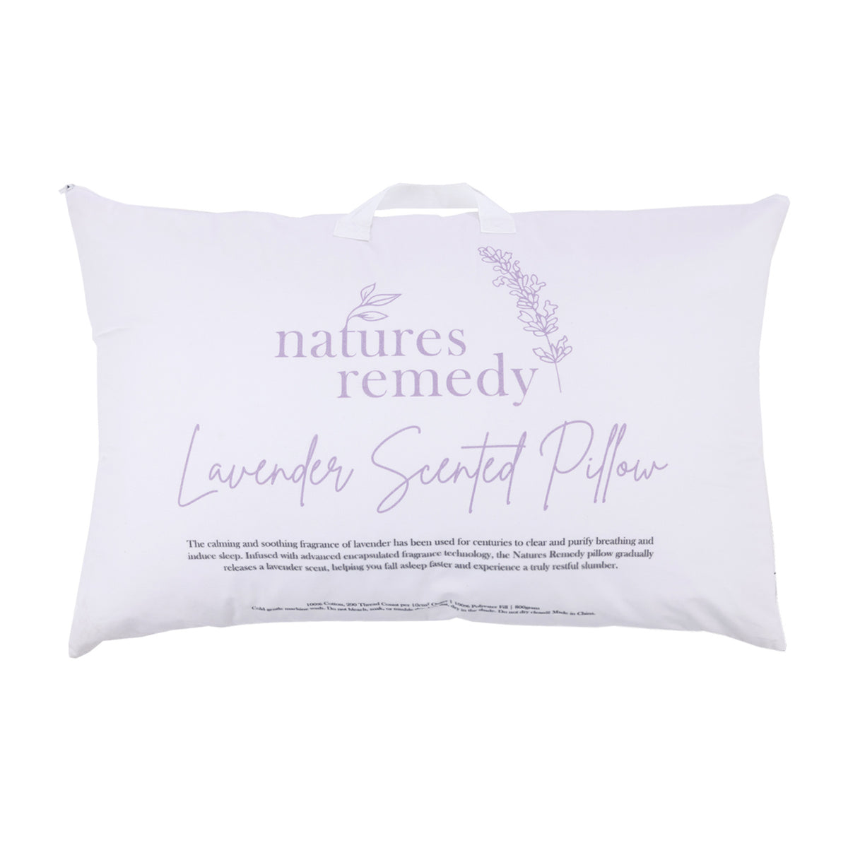 White Nature's Remedy Lavender Scented Pillow in a carry bag featuring lavender purple lettering, delicate lavender illustrations and a convenient carry handle.