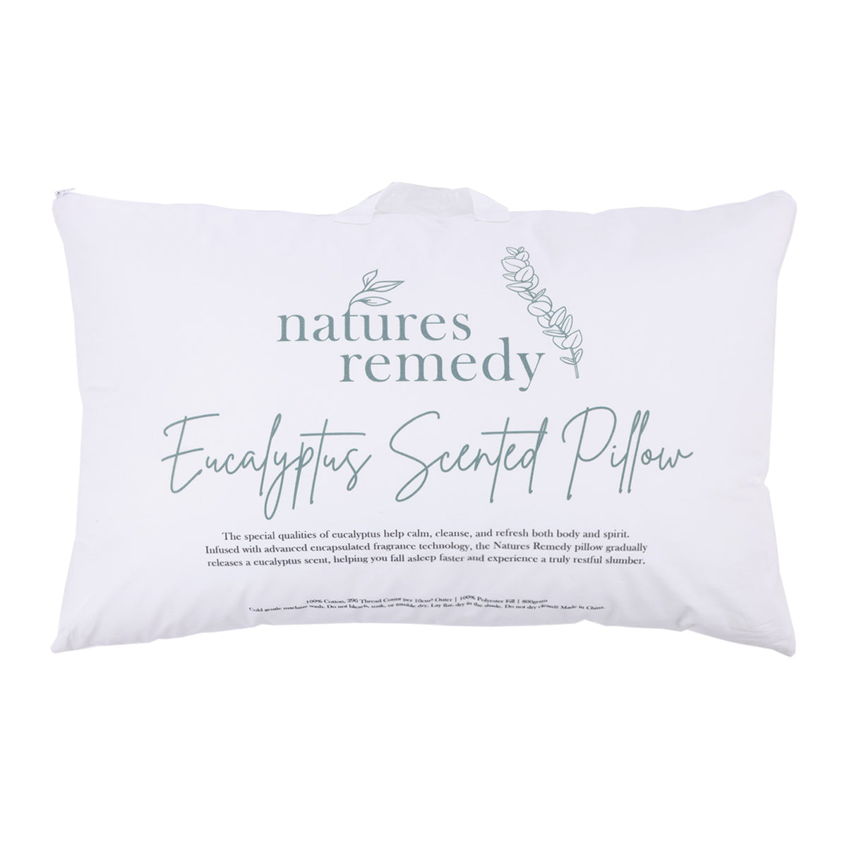White Nature's Remedy Eucalyptus Scented Pillow in a carry bag featuring soft green lettering, eucalyptus leaf illustrations and a convenient carry handle.