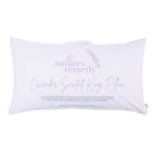 Nature’s Remedy Lavender Scented King Pillow in White, featuring lavender-inspired branding and a convenient carry handle.