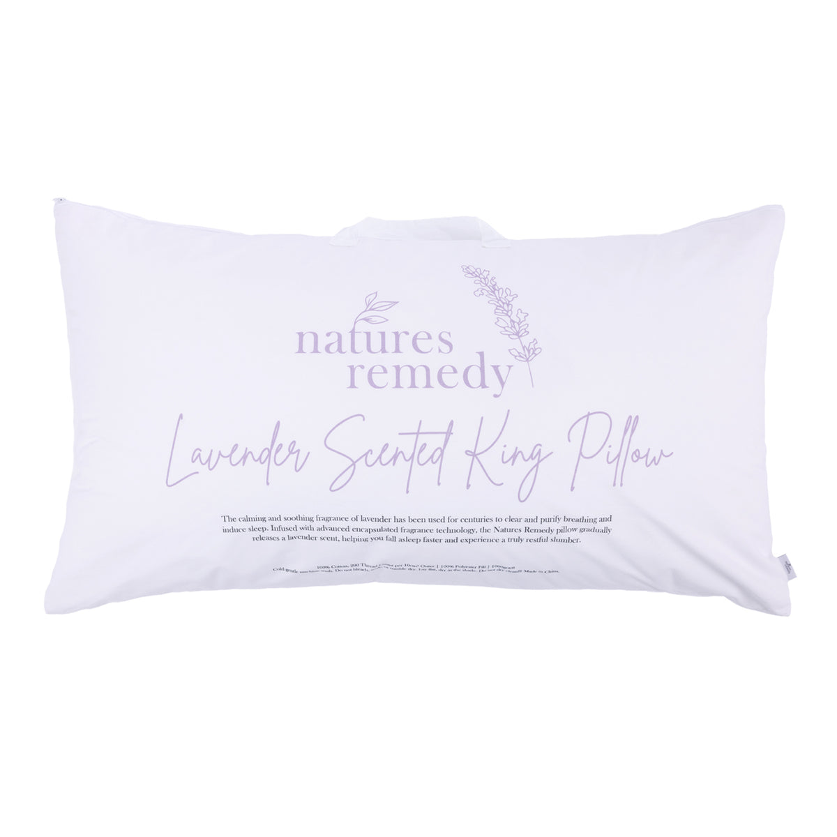 Nature’s Remedy Lavender Scented King Pillow in White, featuring lavender-inspired branding and a convenient carry handle.