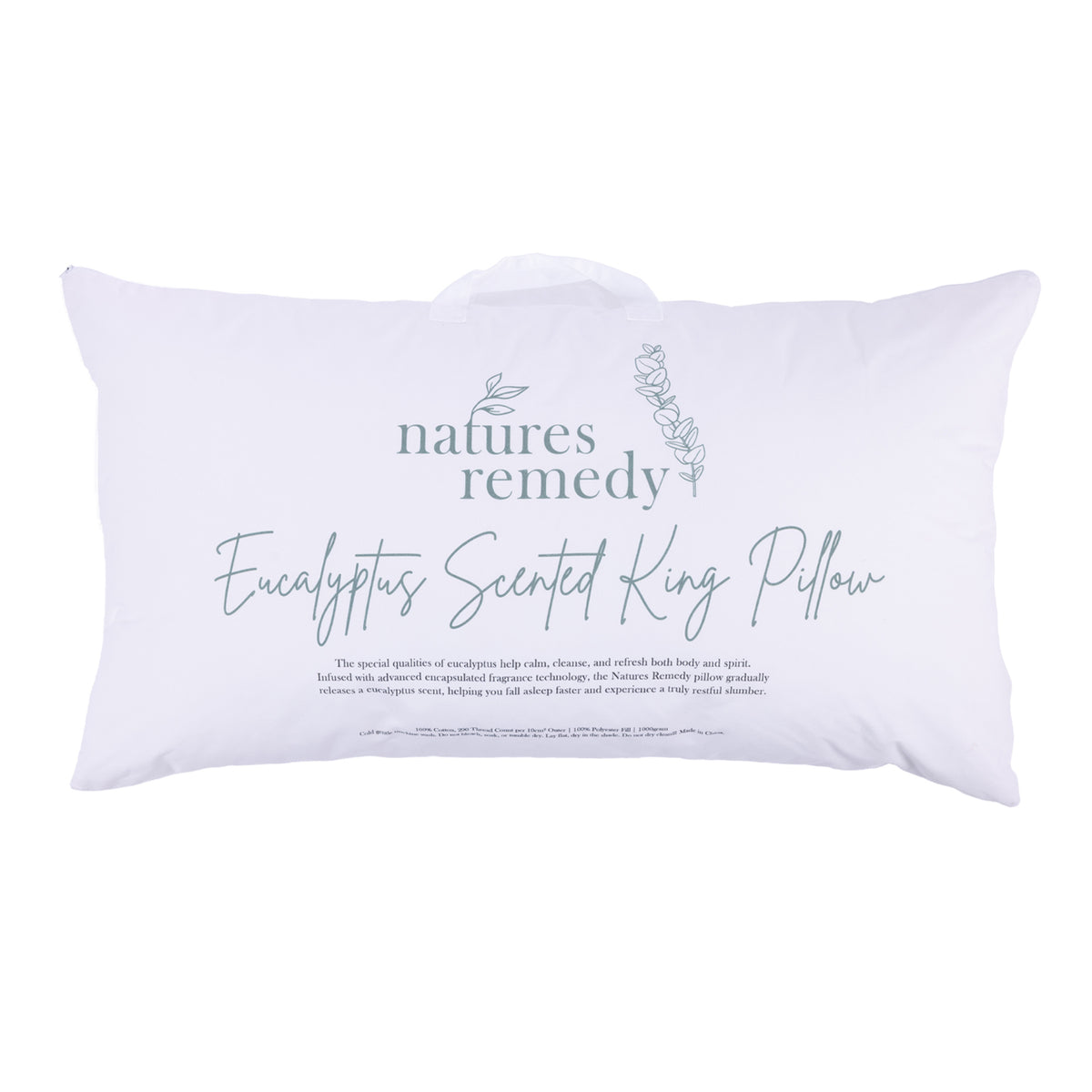 Nature’s Remedy Eucalyptus Scented King Pillow in White, featuring eucalyptus-inspired branding and a convenient carry handle.