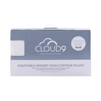 Cloud 9 Adjustable Memory Foam Contour Pillow packaging box, featuring a slate blue and white design with the brand logo and product details.