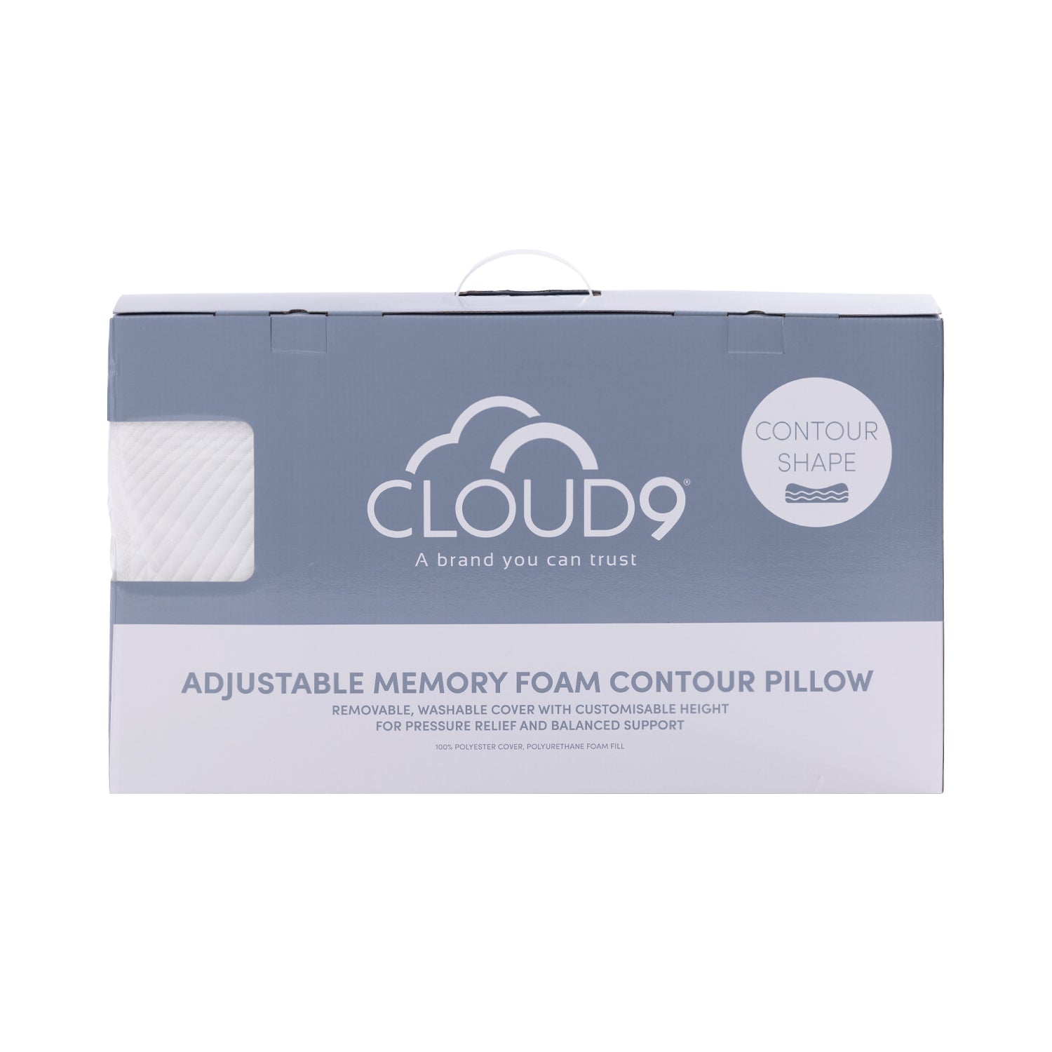 Cloud 9 Adjustable Memory Foam Contour Pillow packaging box, featuring a slate blue and white design with the brand logo and product details.