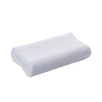 White contoured memory foam pillow with textured cover, designed to support the head and neck.