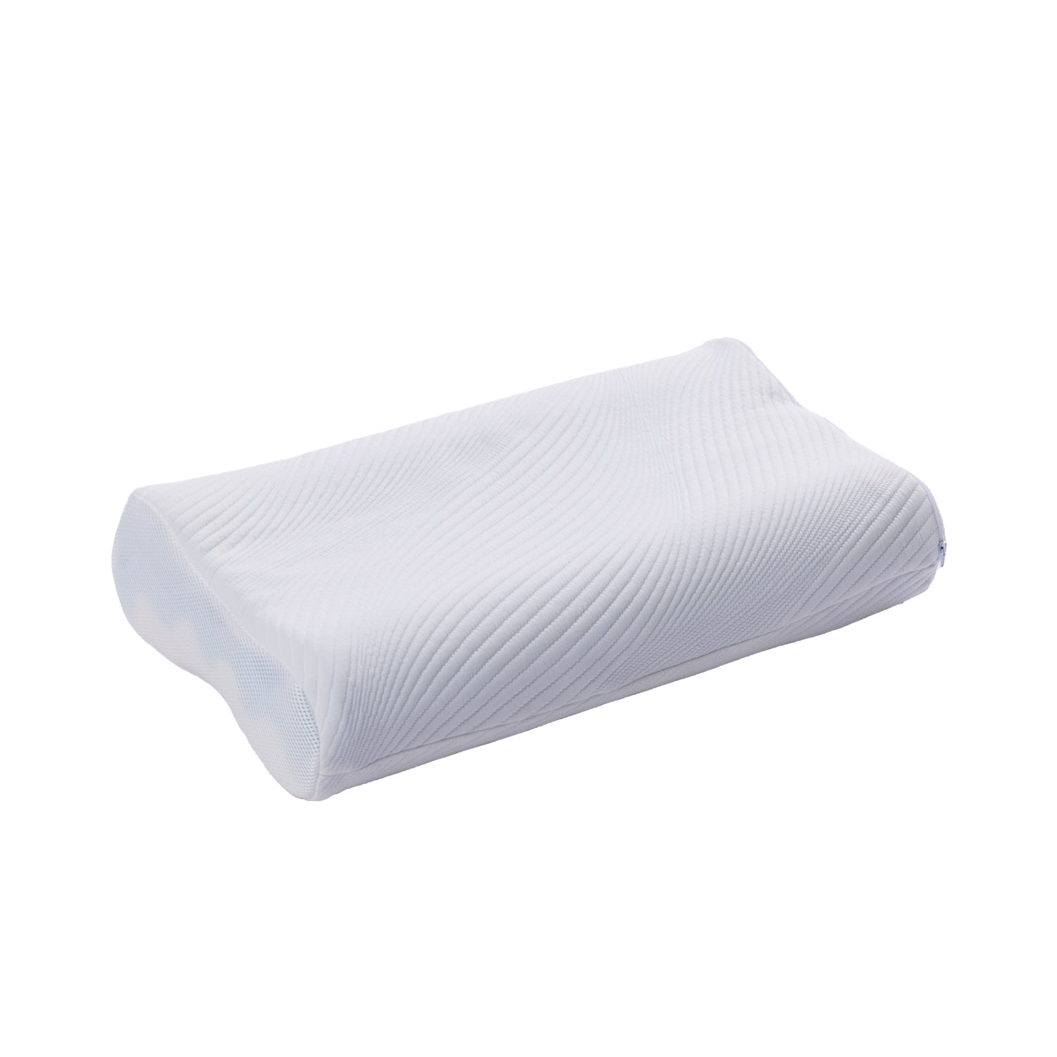 White contoured memory foam pillow with textured cover, designed to support the head and neck.