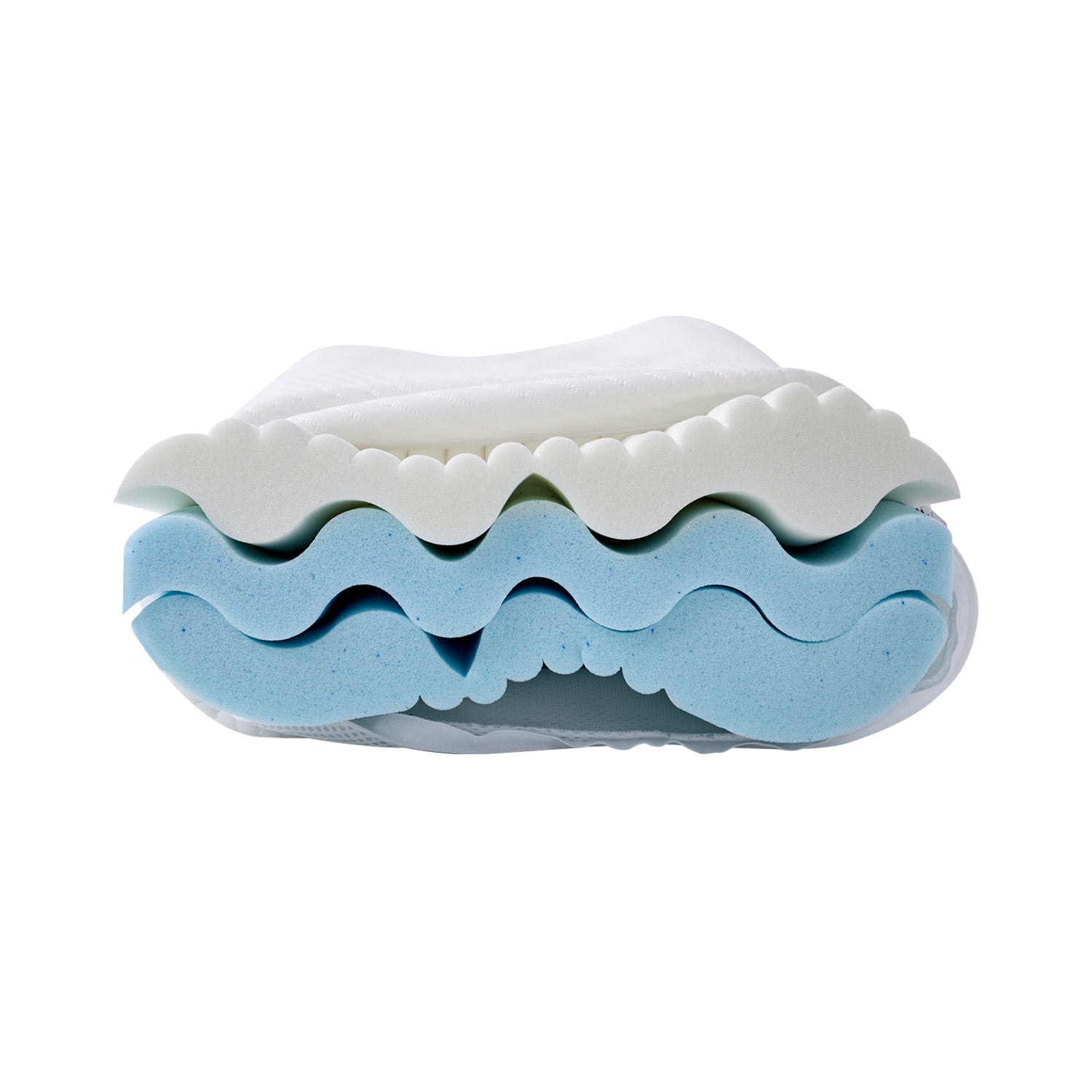 Adjustable memory foam contour pillow shown with layered blue and white foam inserts for customisable support.