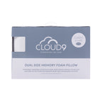 Cloud 9 Dual Side Memory Foam Pillow packaging box, featuring a slate blue and white design with a clear window showing the pillow cover inside.
