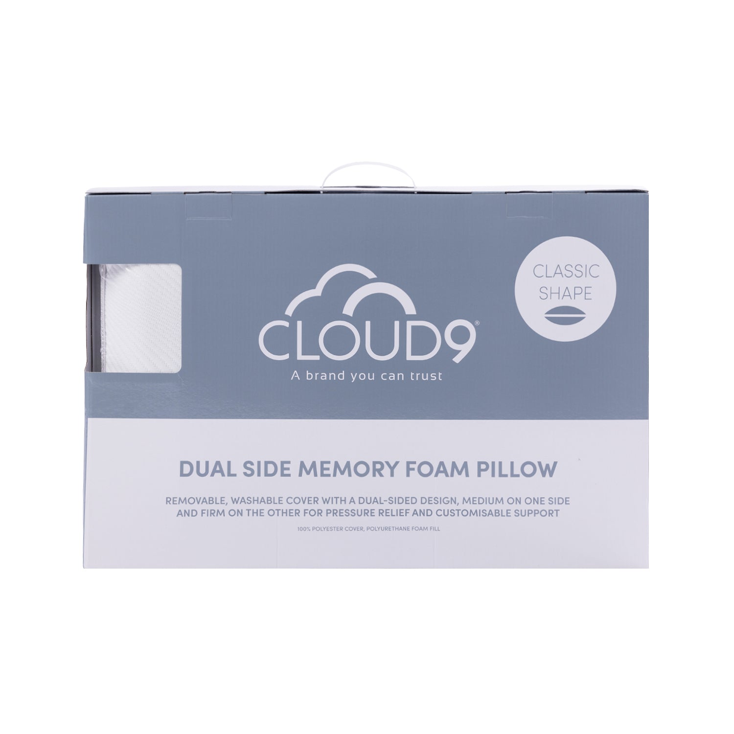 Cloud 9 Dual Side Memory Foam Pillow packaging box, featuring a slate blue and white design with a clear window showing the pillow cover inside.