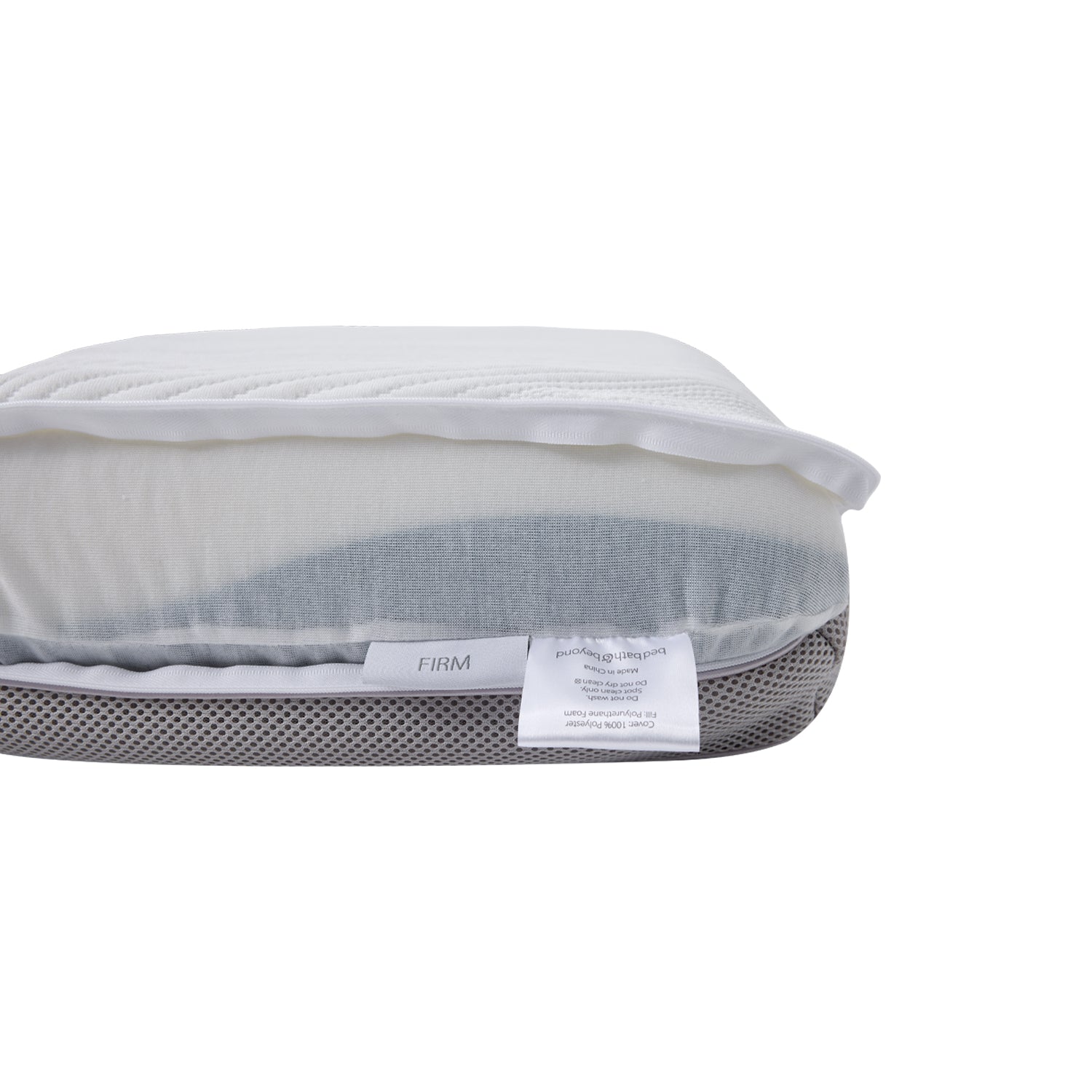 White dual side memory foam pillow with removable cover opened to reveal the inner foam and firm support label.