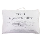 A white adjustable pillow cover by Eden, featuring black printed text and a line drawing of a pillow with labeled sections.